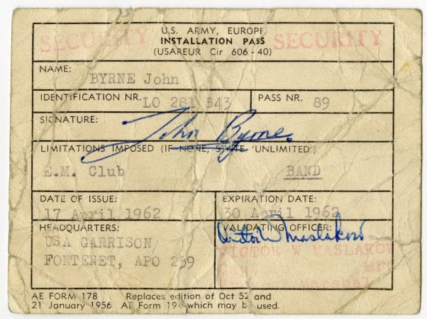 Johnny Guitar Signed Army Installation Pass